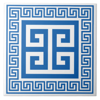 Carreau en céramique à motif clé grec bleu et blan