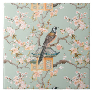 Carreau en céramique Chinoiserie Oiseau & Fleur Bl