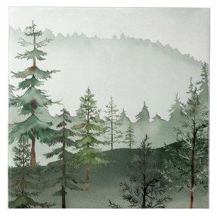 Carreau en céramique d'arbre de forêt aquarelle