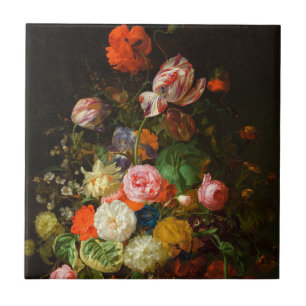 Carreau Encore vie de roses, tulipes, un tournesol, 1710