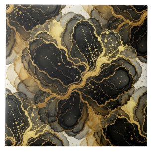 Carreau Encre Alcoolique Marbre Noir, Blanc et Or de Luxe