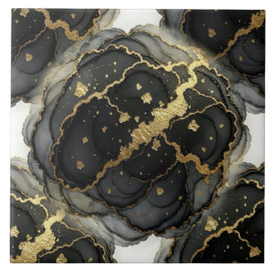 Carreau Encre Alcoolique Marbre Noir, Blanc et Or de Luxe
