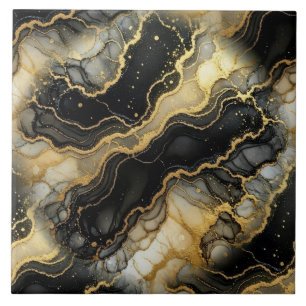 Carreau Encre Alcoolique Marbre Noir, Blanc et Or de Luxe