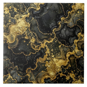 Carreau Encre Alcoolique Marbre Noir et Or de Luxe