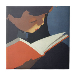 Carreau Enfant de style vintage lisant un livre de la bibl
