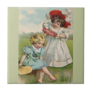 Carreau Enfants victoriens Vintage Été Filles Jardin
