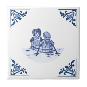 Carreau Enfants vintages en rangée Bateau Delft Bleu & Bla