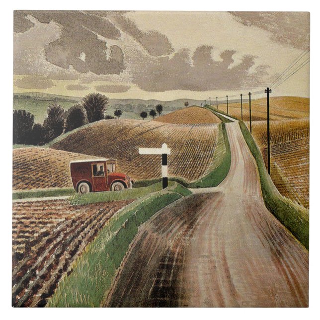 Carreau Eric Ravilious, Paysage Wiltshire, (Devant)