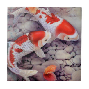 Carreau Étang à poissons rouge et blanc de Koi
