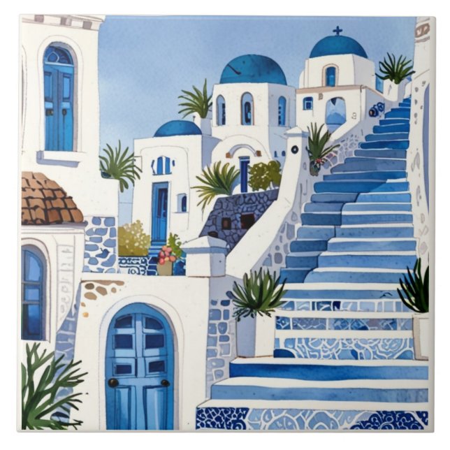 Carreau Etapes Santorin, Grèce Aquarelle bleue Grec (Devant)