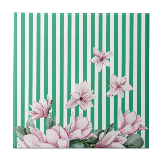 Carreau Été, printemps, imprimé magnolia rayé vert (Devant)