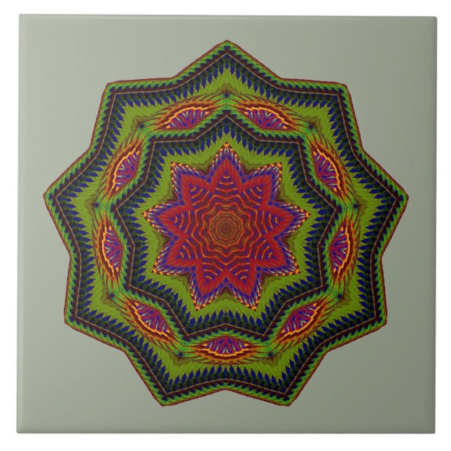 Carreau Étoile Mandala Rouge Et Vert Cordé (Devant)