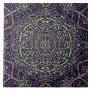 Carreau Étoiles sacrées et dentelle de mandala pourpres et