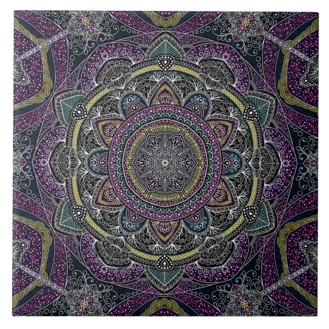 Carreau Étoiles sacrées et dentelle de mandala pourpres et (Devant)