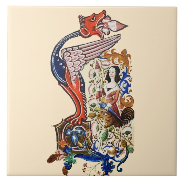 CARREAU ÉTRANGE BESTIAIRE MÉDIÉVAL FEMME AVEC DRAGON (Devant)