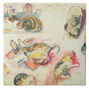Carreau Étude de Paul Gauguin   des chats et d'une tête