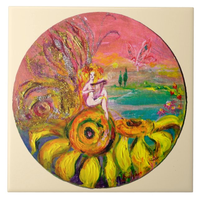 Carreau FAIRY OF THE SUNFLOWERS yellow pink ivory (Devant)