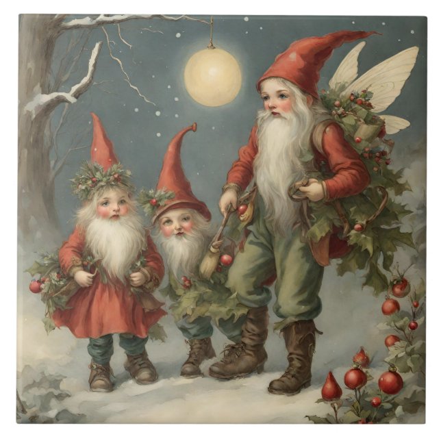 Carreau Fairy Tale Christmas Gnome Family in Winter Forest (Devant)