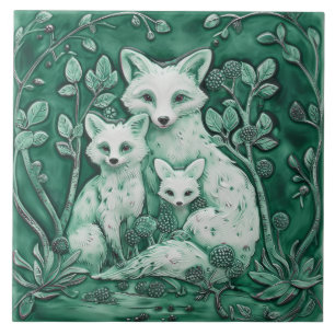 Carreau Famille de Renards Bleus et Blancs Animaux en bois