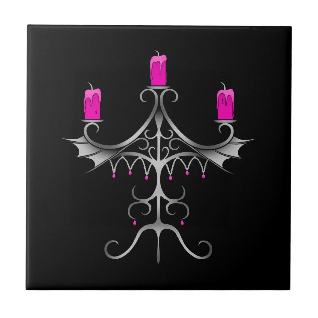 Carreau Fancy gothique candélabre rose chaud sur noir (Devant)