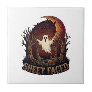 Carreau Fantôme à visage drapé Halloween Arbres Sombres Lu