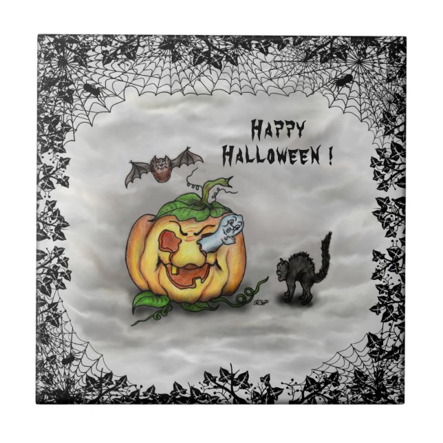 Carreau Fantôme, Chat, Chat et Citrouille, Bonne Halloween (Devant)