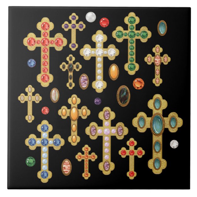 Carreau Faux Birthstone Croix et Perdre Gems sur Black (Devant)