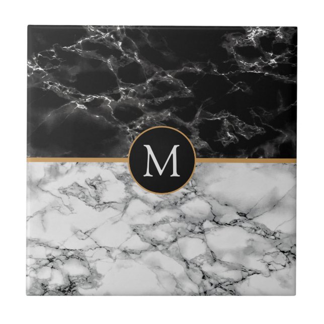 Carreau Faux Marbre Noir Blanc Monogramme Carrelage en cér (Devant)