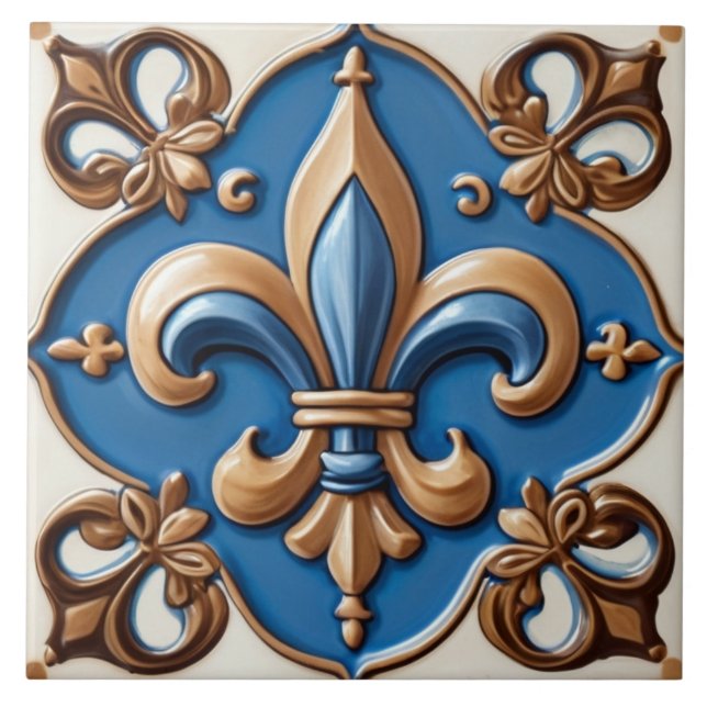 Carreau Faux Relief Bleu & Or Fleur de Lis (Devant)
