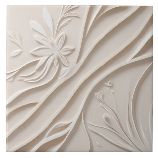 Carreau Faux Relief Pastel Beige & blanc Abstrait Floral (Devant)