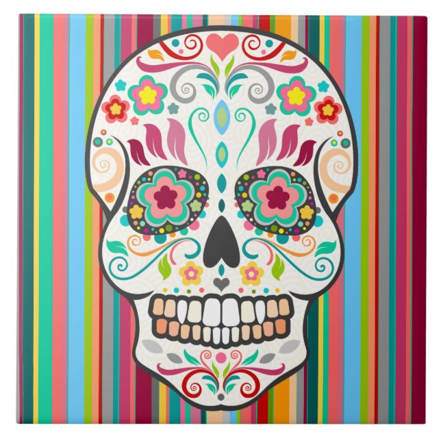 Carreau Feliz Muertos - tuile de fête de crâne de sucre (Devant)