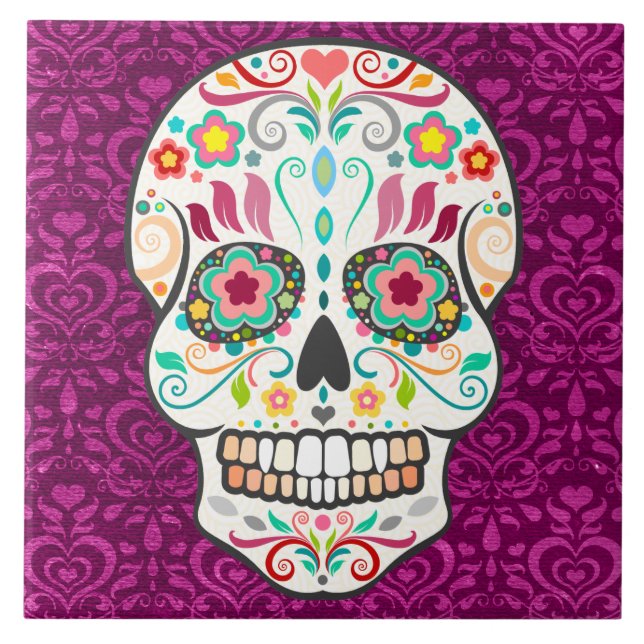 Carreau Feliz Muertos - tuile de fête de crâne de sucre (Devant)