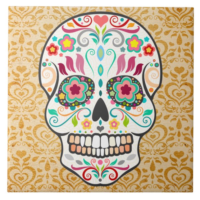 Carreau Feliz Muertos - tuile de fête de crâne de sucre (Devant)