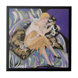 Carreau Femme Art Déco Vintage avec Chat par S. Chompre