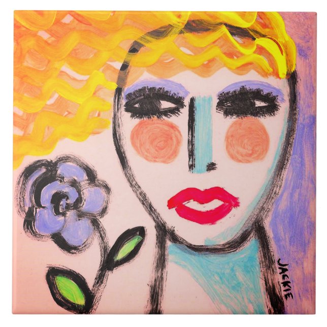 Carreau Femme avec Fleur Art Abstrait original (Devant)
