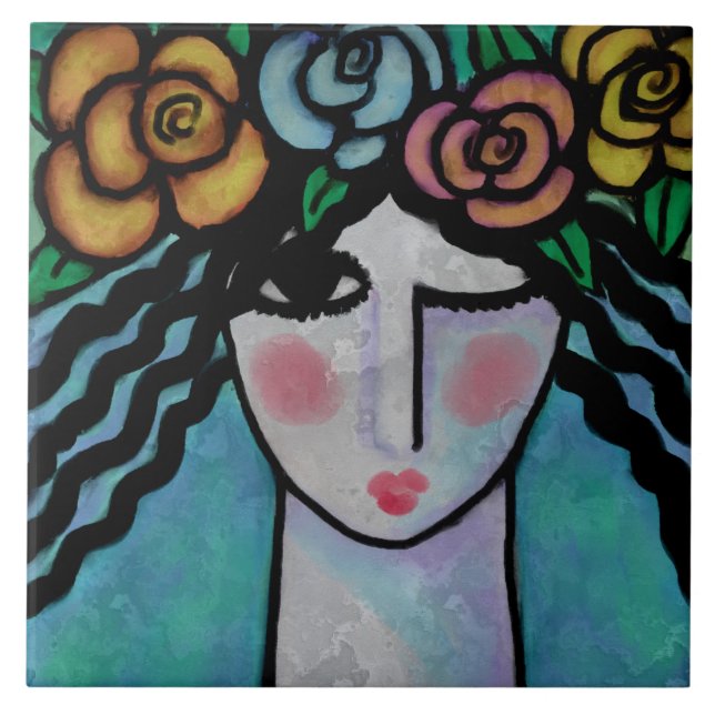 Carreau Femme avec Roses dans les cheveux (Devant)