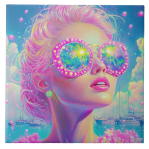 Carreau Femme de Néon glamour avec lunettes étincelantes