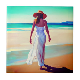Carreau Femme en blanc sur la plage
