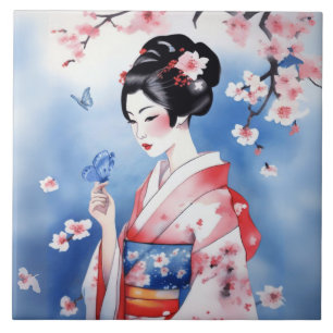 Carreau Femme japonaise avec un papillon bleu