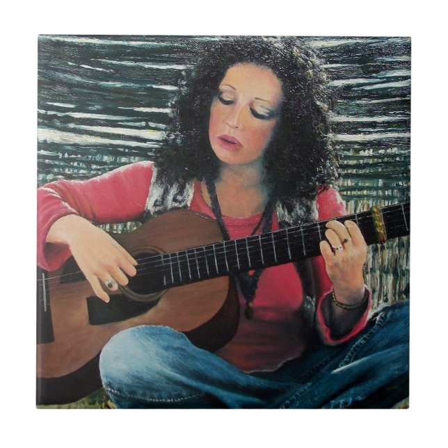 Carreau Femme Jouant De La Musique Avec Guitare Acoustique (Devant)