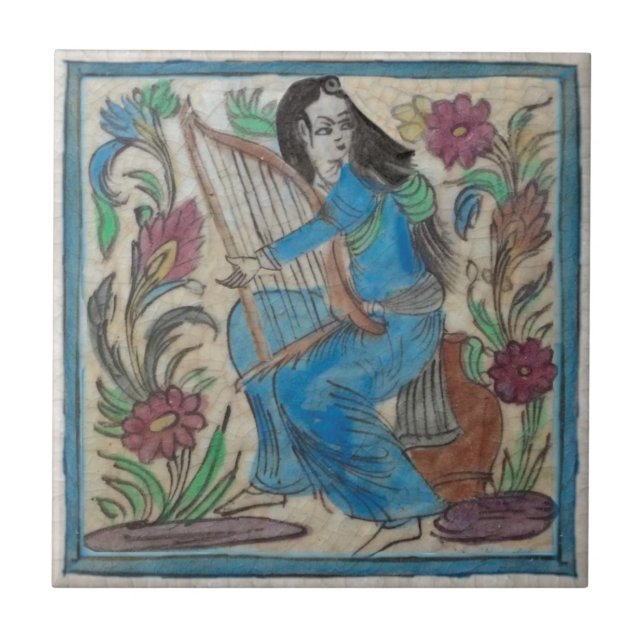 Carreau Femme peinte à la main avec Harp Persian Antique R (Devant)