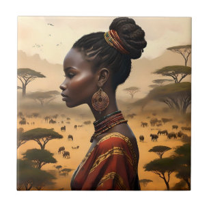 Carreau Femme Tribale Qui Regarde Son Paysage Africain,