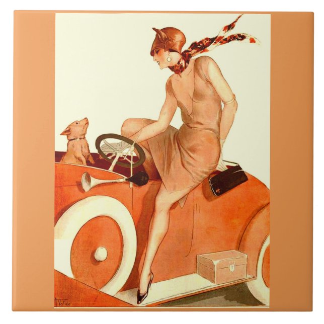 Carreau Femme, voiture et chien des années 1920 (Devant)