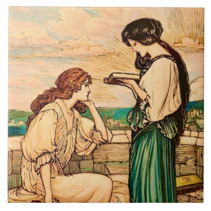 Carreau Femmes Art Nouveau lisant au bord de la mer 