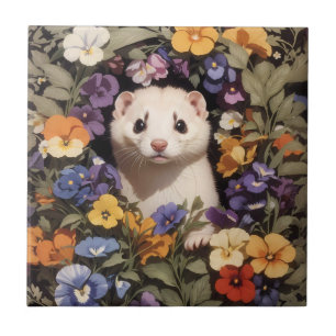 Carreau Ferret Cute Niché Dans Le Jardin De Pansies