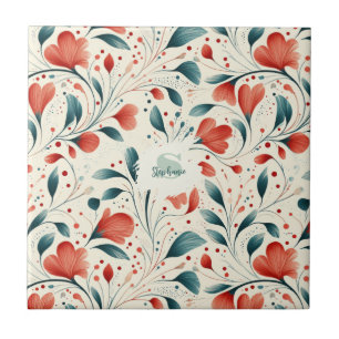 Carreau Feuille bleue blanche et motif floral rouge