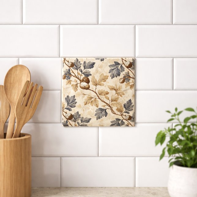 Carreau Feuille de chêne vintage | Bleu et or élégant (Créateur téléchargé)