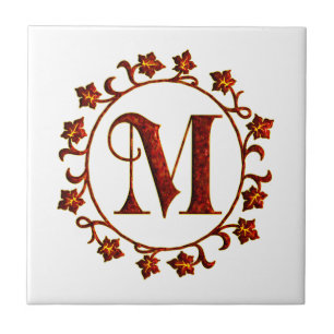 Carreau Feuille de rouge de monogramme de la lettre M
