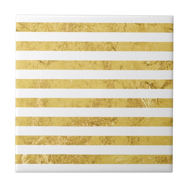 Carreau Feuille d'or élégante et motif blanc de rayure (Devant)