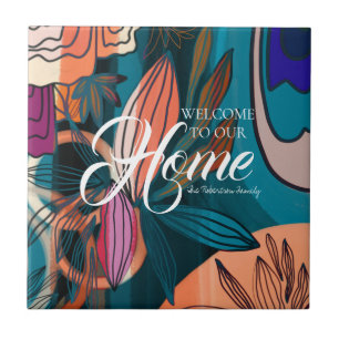 Carreau Feuilles botaniques de la Marine Orange Rose Artis